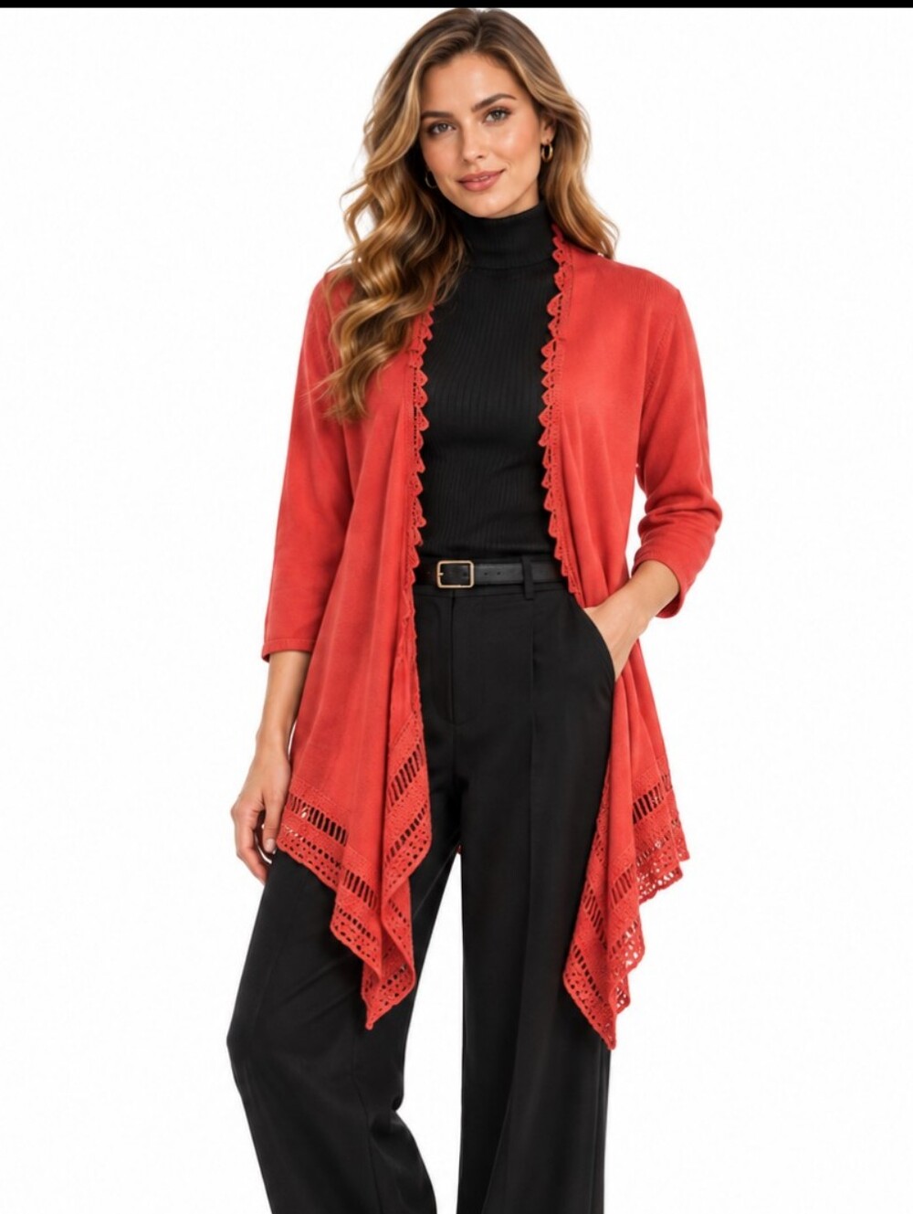 Chico's Linen Blend Coral Red Open-Front Waterfall Cardigan crochet Trim Sz M